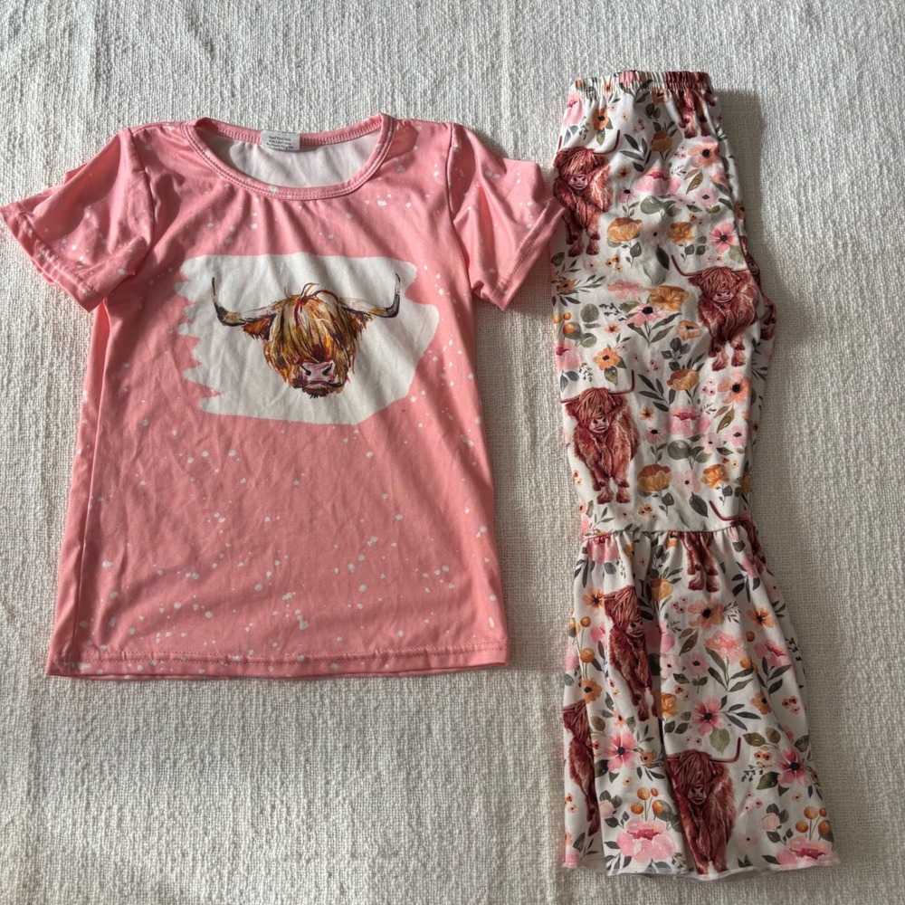 Highland Cow Floral Bell Bottom Outfit Set Pink Western Toddler Girls 4T
